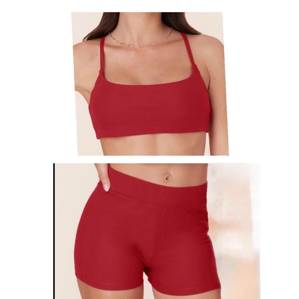 Andie Bikini Set Maui Top Marco‎ Shorts Ribbed Flame Red size S NWOT